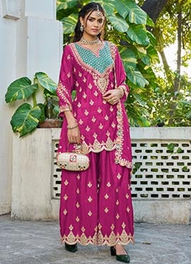 Hot Pink Chinon Silk Embroidered Sequins Palazzo Suit