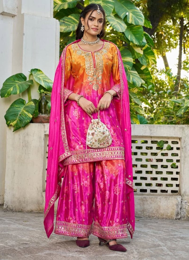 Hot Pink Chinon Silk Floral Printed With Hand Embroidered Palazzo Suit Festive Wear