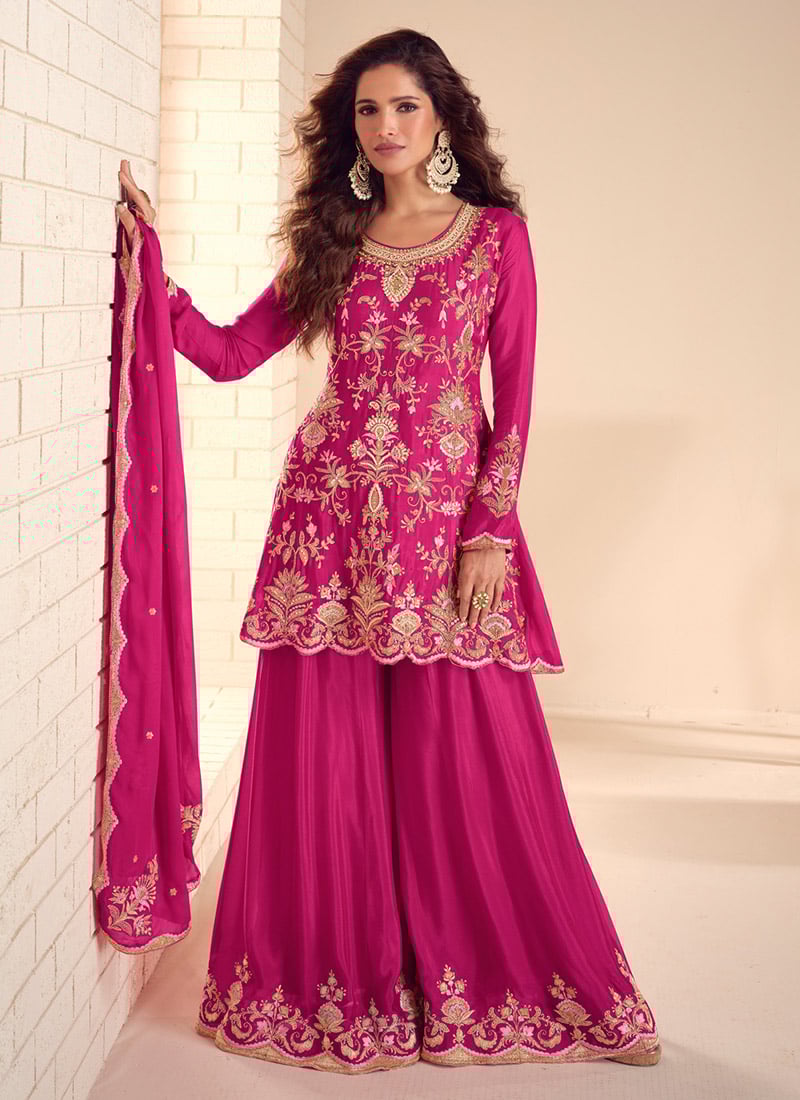 Hot Pink Chinon Zari Embroidered With Beads Work Sharara Suit  Festive Wear