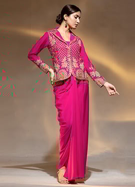 Hot Pink Crepe Beads And Dabka Work Indowestern Skirt Set