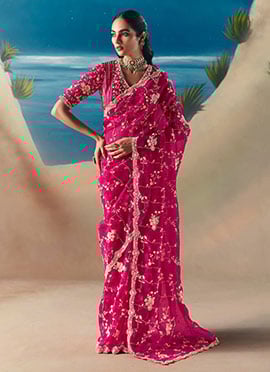 Hot Pink Fancy Silk Zari Embroidered Sequins With Beads Work Saree