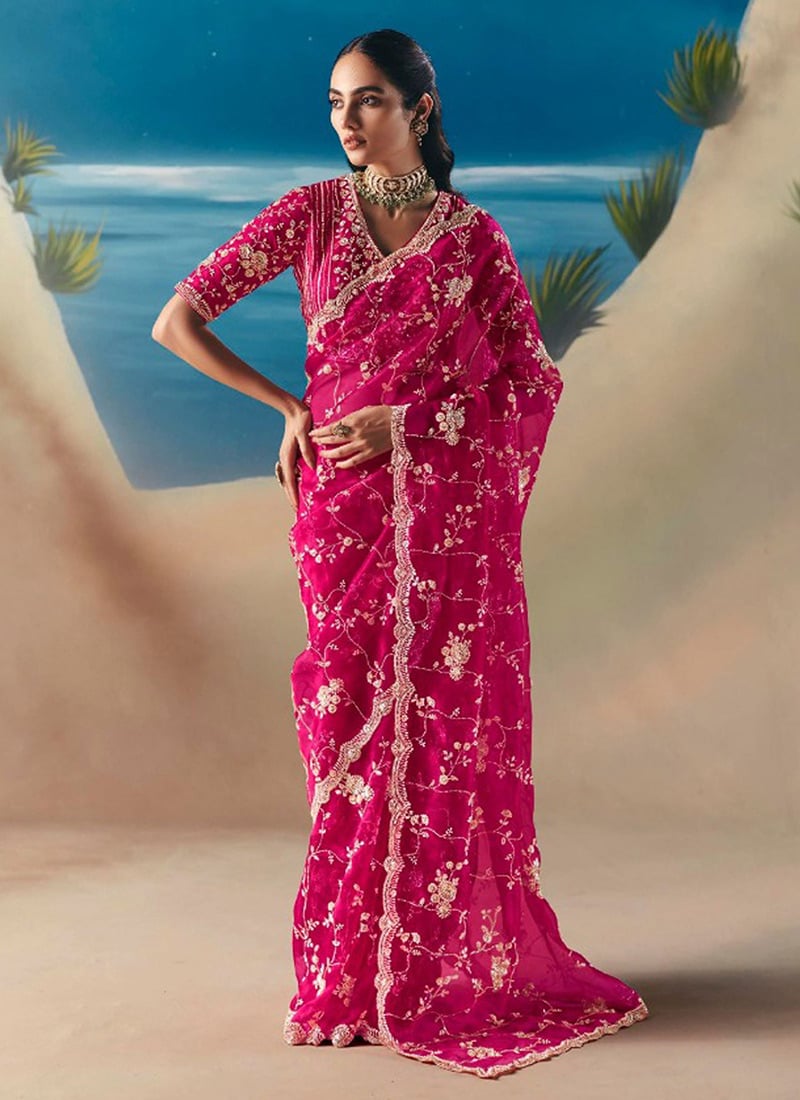Hot Pink Fancy Silk Zari Embroidered Sequins With Beads Work Saree Wedding Wear