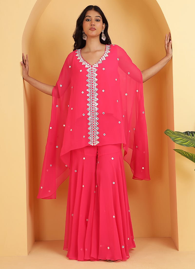 Hot Pink Georgette Foil Mirror Work Kaftan Set Festive Wear