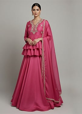 Hot Pink Silk Beads Stones Zari Hand Embroidered A Line Lehenga