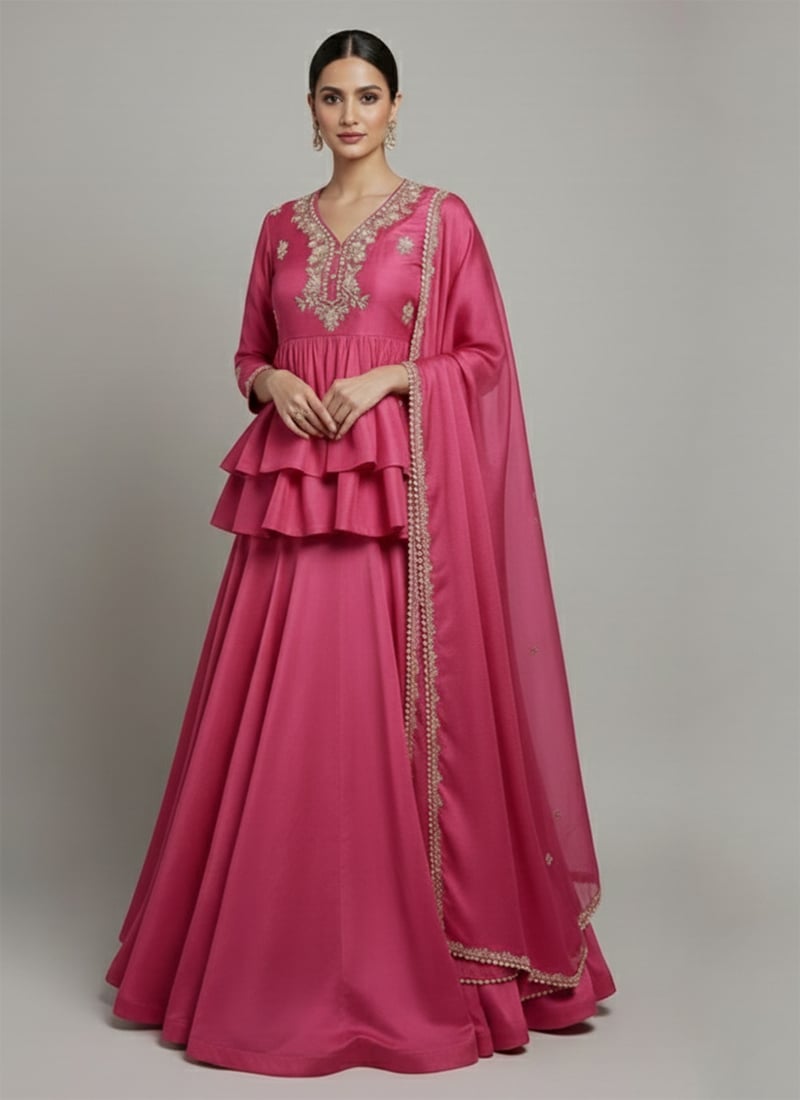 Hot Pink Silk Beads Stones Zari Hand Embroidered A Line Lehenga Festive Wear