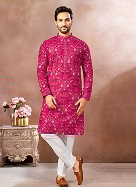 Hot Pink Silk Embroidered Sequins Thread Kurta Pyjama