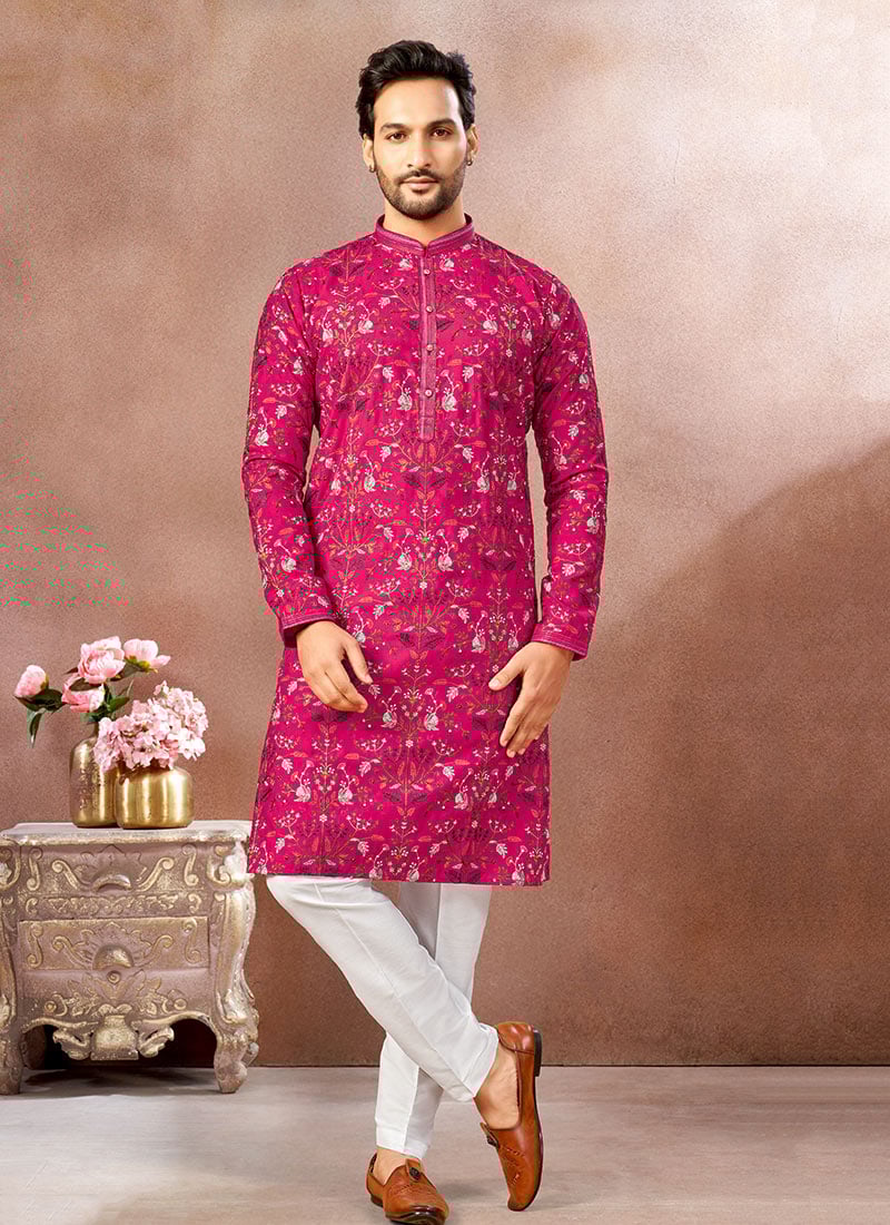 Hot Pink Silk Embroidered Sequins Thread Kurta Pyjama Festive Wear