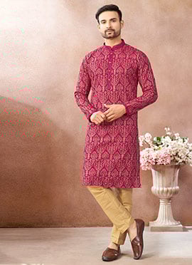 Hot Pink Silk Embroidered Sequins Thread Kurta Pyjama