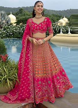 Hot Pink Silk Zari Embroidered Sequins With Stone Work Lehenga