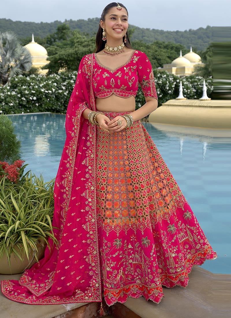 Hot Pink Silk Zari Embroidered Sequins With Stone Work Lehenga Wedding Wear