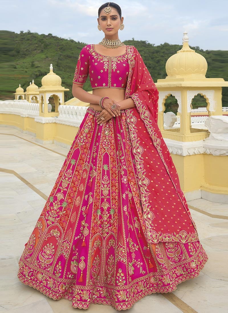 Hot Pink Silk Zari Thread Embroidered With Stone Sequins Timeless Lehenga Wedding Wear-GHSLI26087411