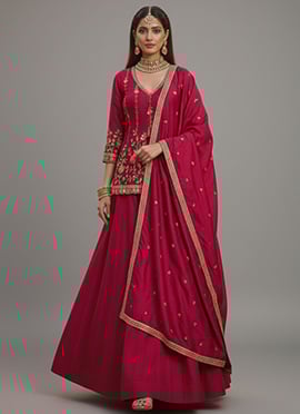 Hot Pink Zari Sequins Silk A Line Lehenga