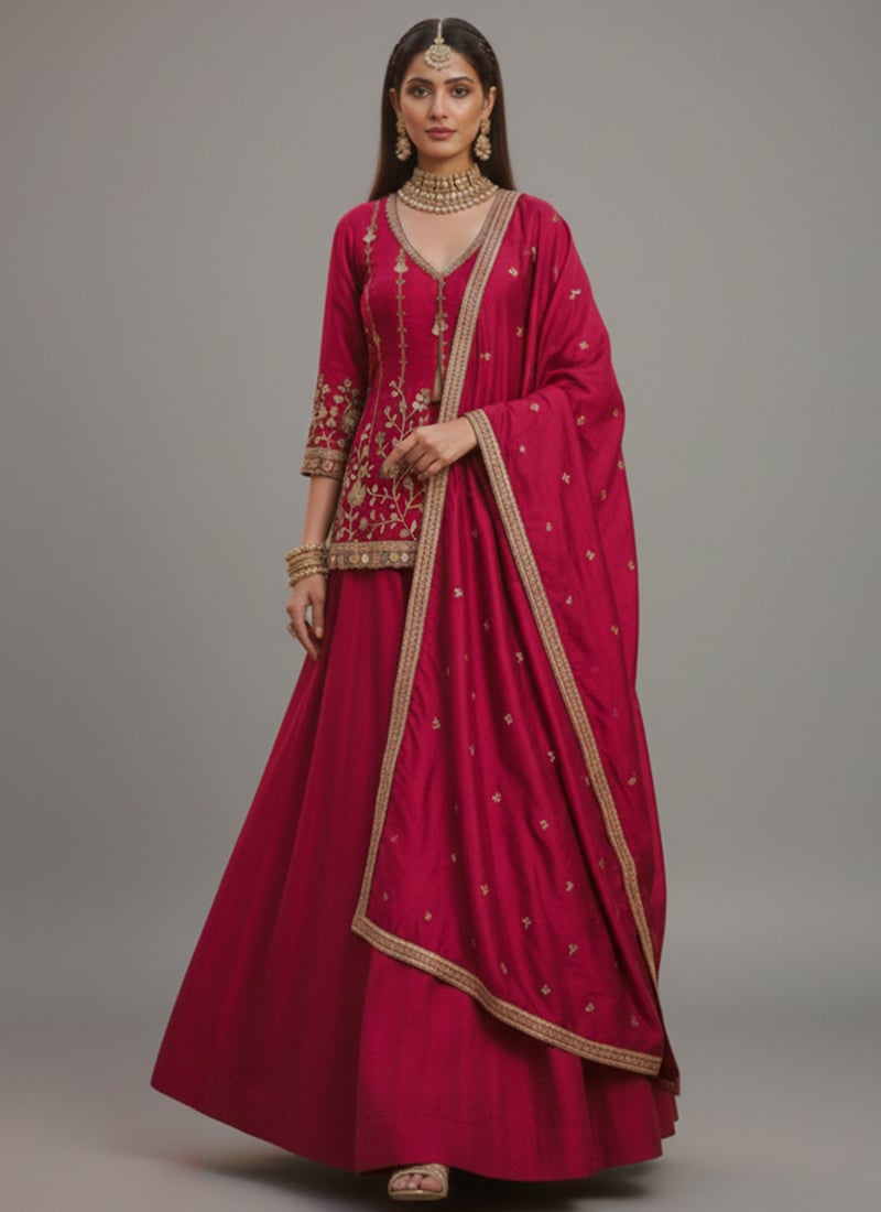Hot Pink Zari Sequins Silk A Line Lehenga Festive Wear