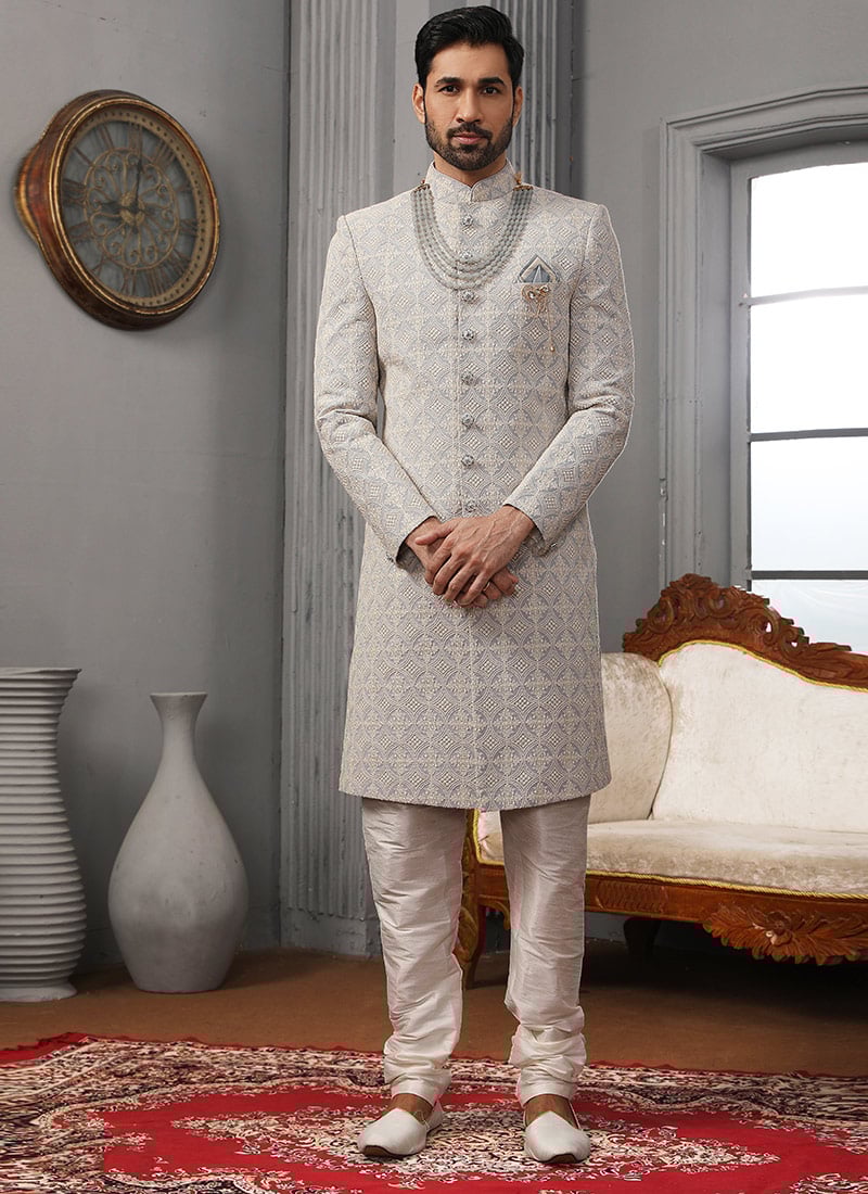 Ice Blue Art Silk Lucknowi Embroidered Classic Sherwani Wedding Wear