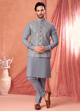 Ice Blue Banarasi Silk Embroidered Sequins Thread Bandi Set