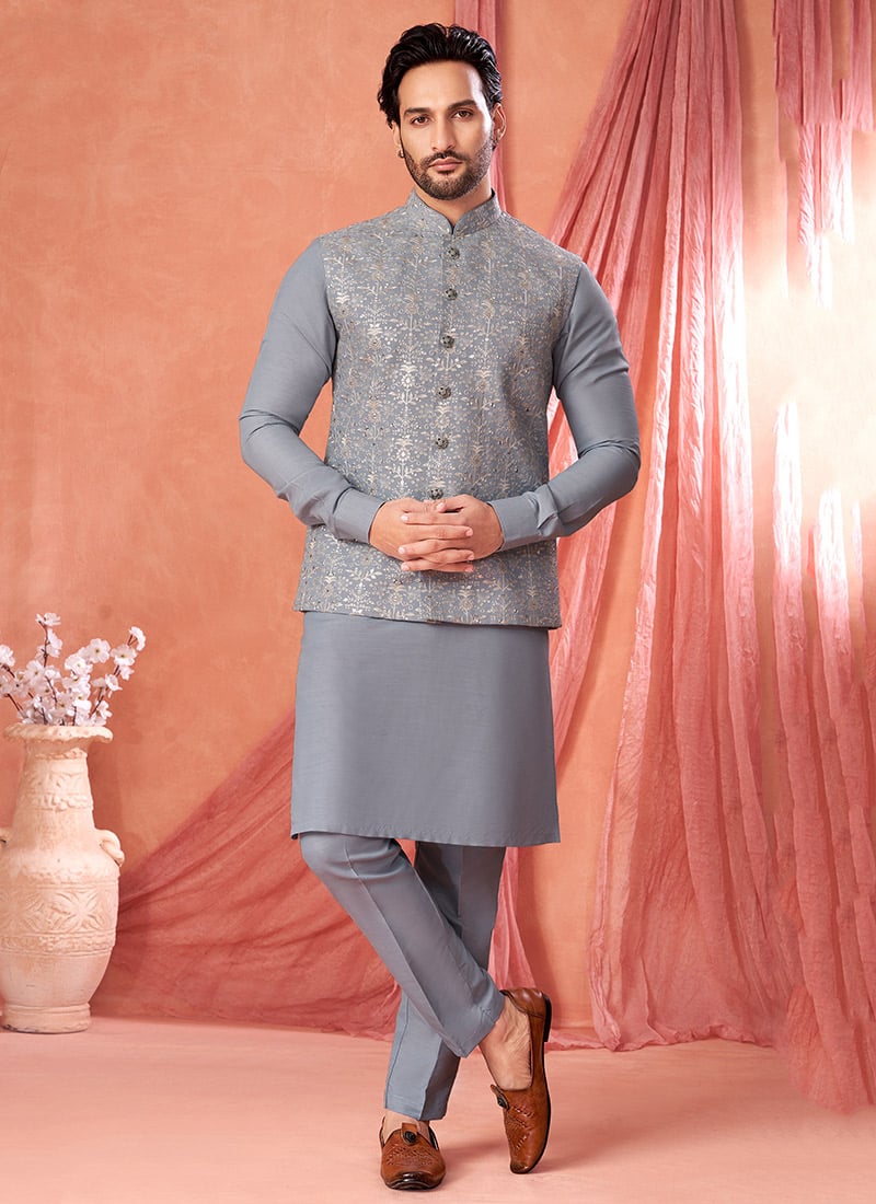 Ice Blue Banarasi Silk Embroidered Sequins Thread Bandi Set Festive Wear