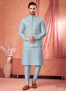 Ice Blue Banarasi Silk Embroidered Sequins Thread Bandi Set