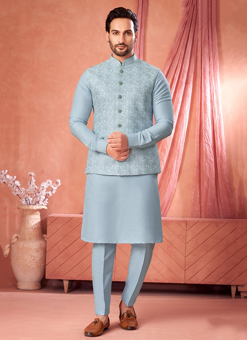 Ice Blue Banarasi Silk Embroidered Sequins Thread Bandi Set Festive Wear