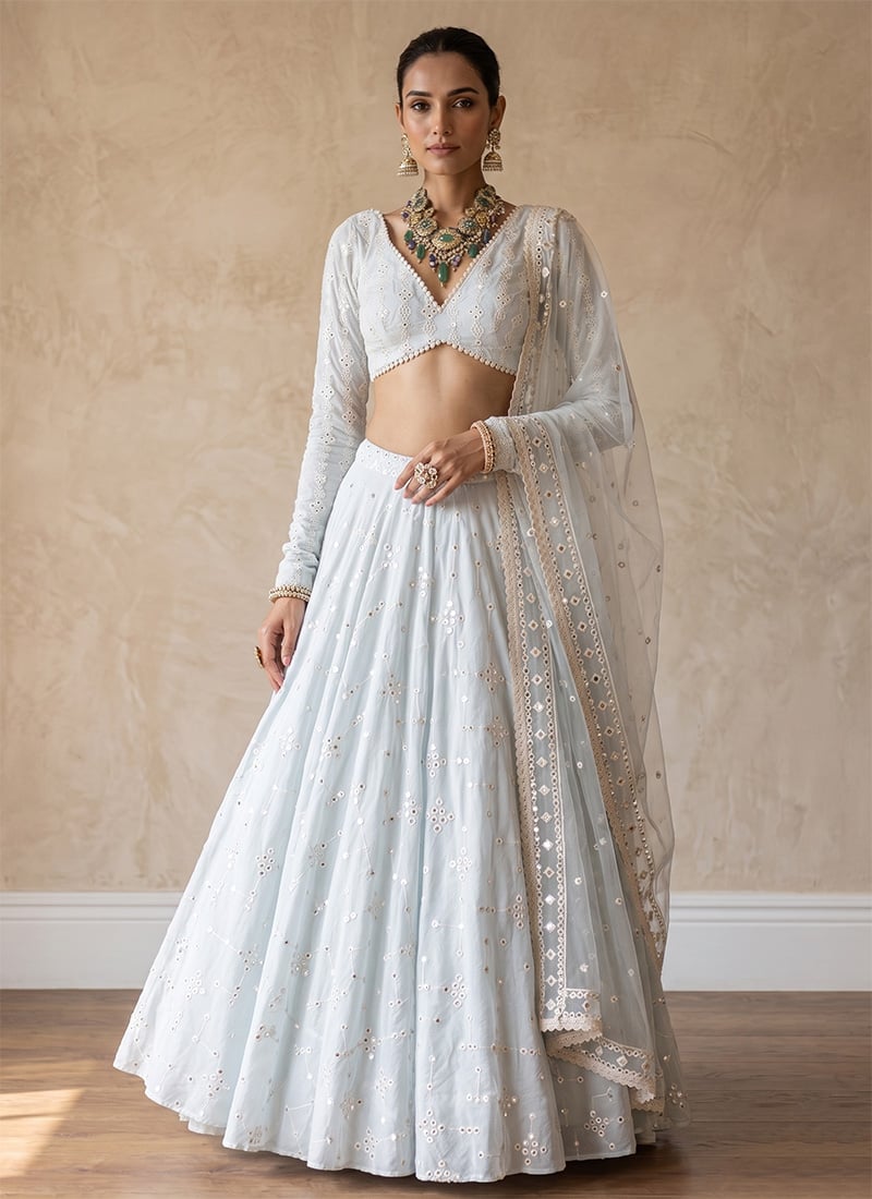 Ice Blue Cotton Silk Embroidered Sequins Lehenga After Six Wear