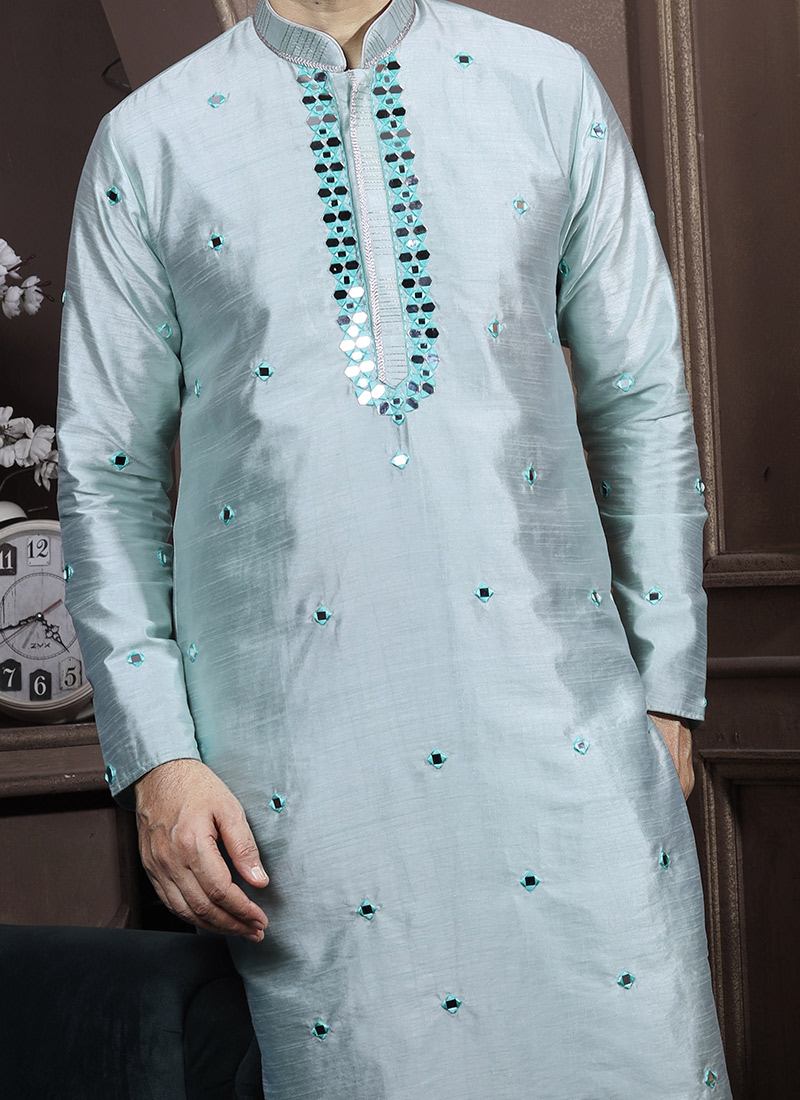 Buy Ice Blue Dyeable Silk Mirror Work Kurta Pyjama Party Wear