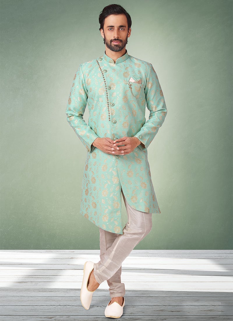 Ice Blue Jacquard Silk Brocade Indowestern Sherwani Wedding Wear