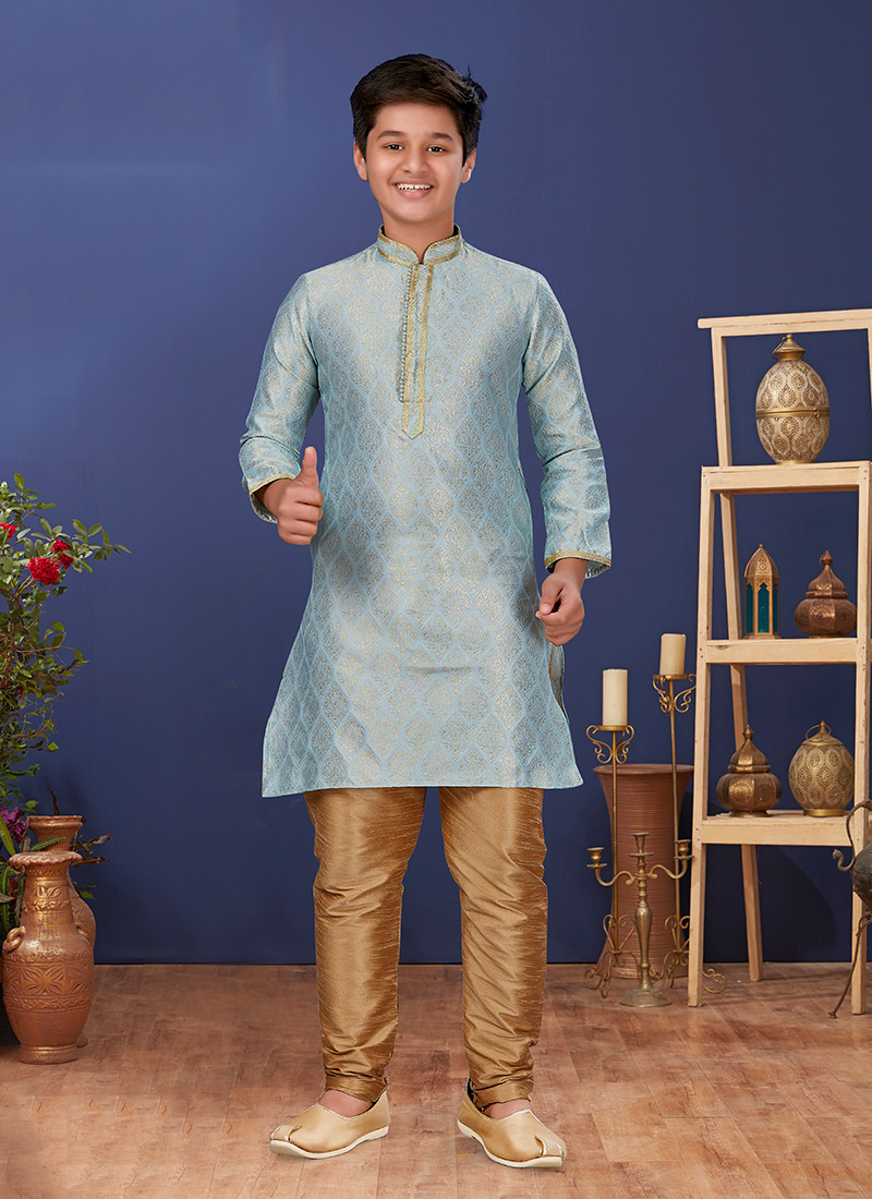 Ice Blue Jacquard Silk Kurta Pyjama