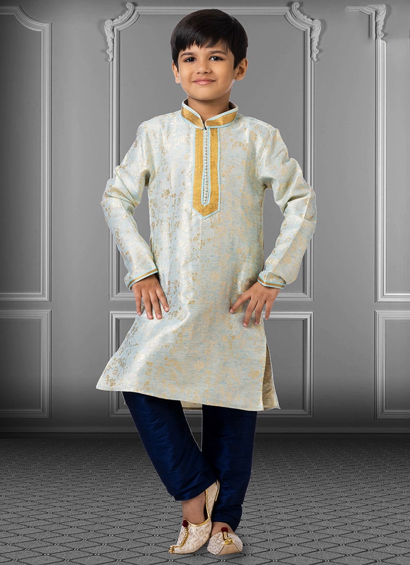 Ice Blue Linen Silk Boys Kurta Pyjama Party Wear