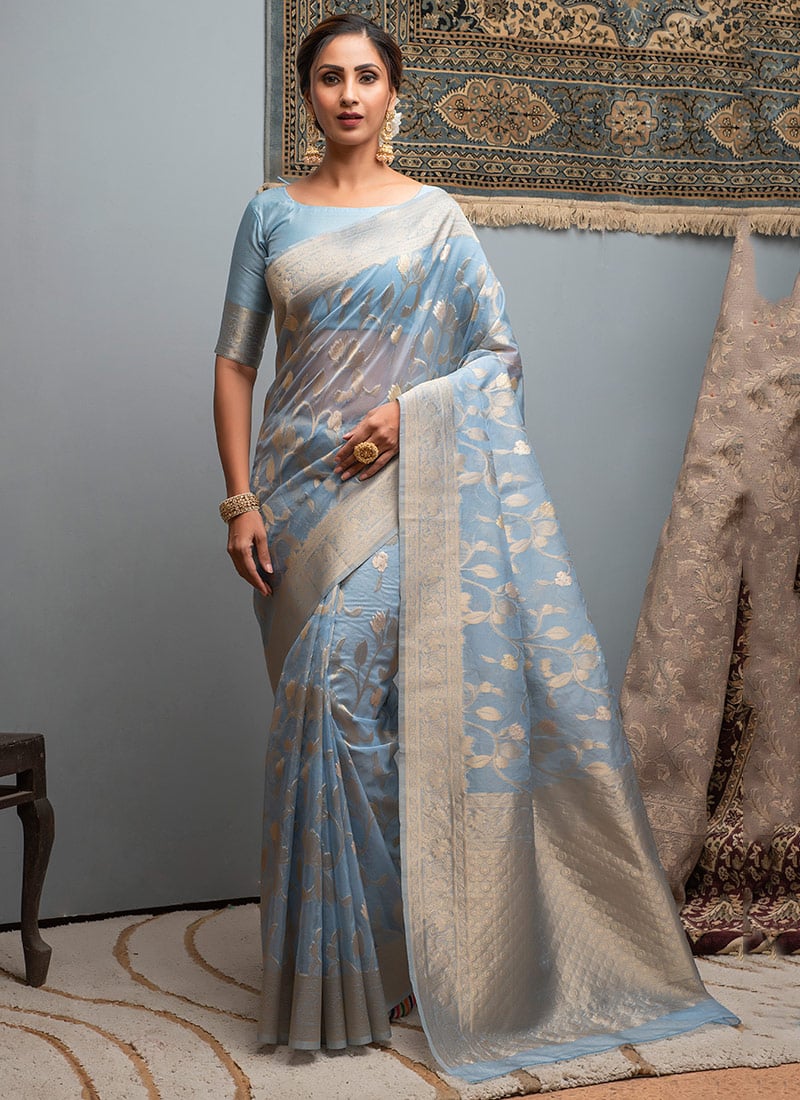 Ice Blue Organza Weaving Saree