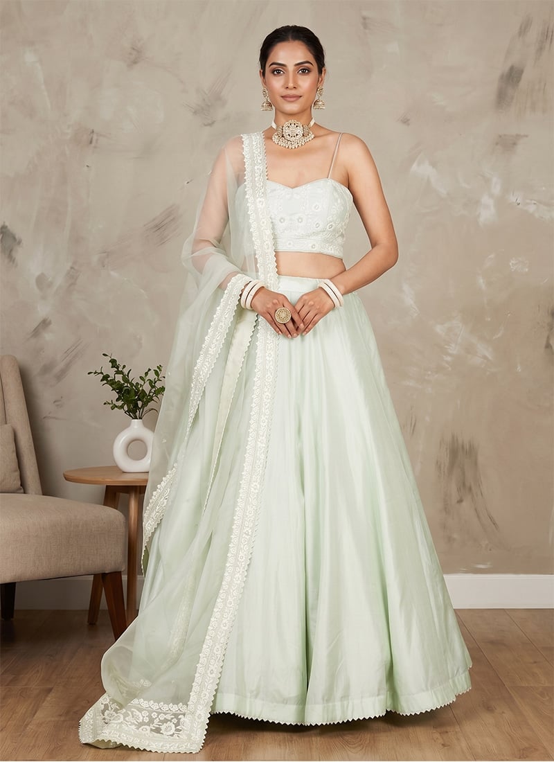 Ice Blue Silk Embroidered Sequins Lehenga After Six Wear