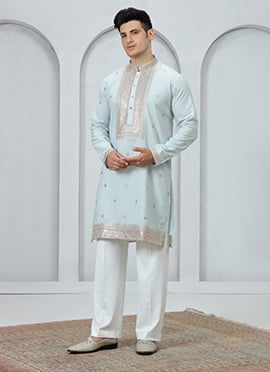 Ice Blue Silk Sequins Embroidered Kurta Pyjama
