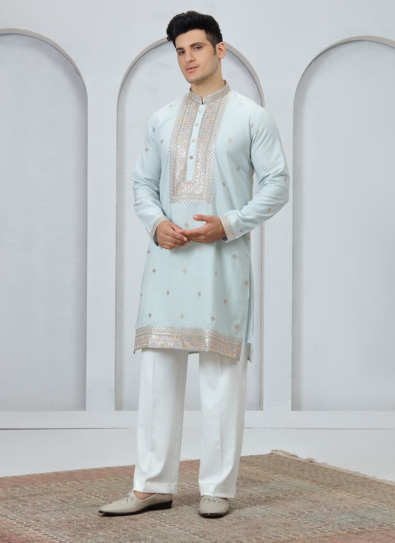 Ice Blue Silk Sequins Embroidered Kurta Pyjama Festive Wear