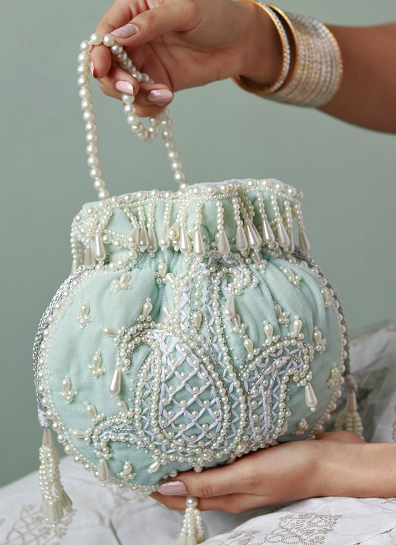 Ice Blue Velvet Cut Dana Potli With Beads And Moti Party Wear