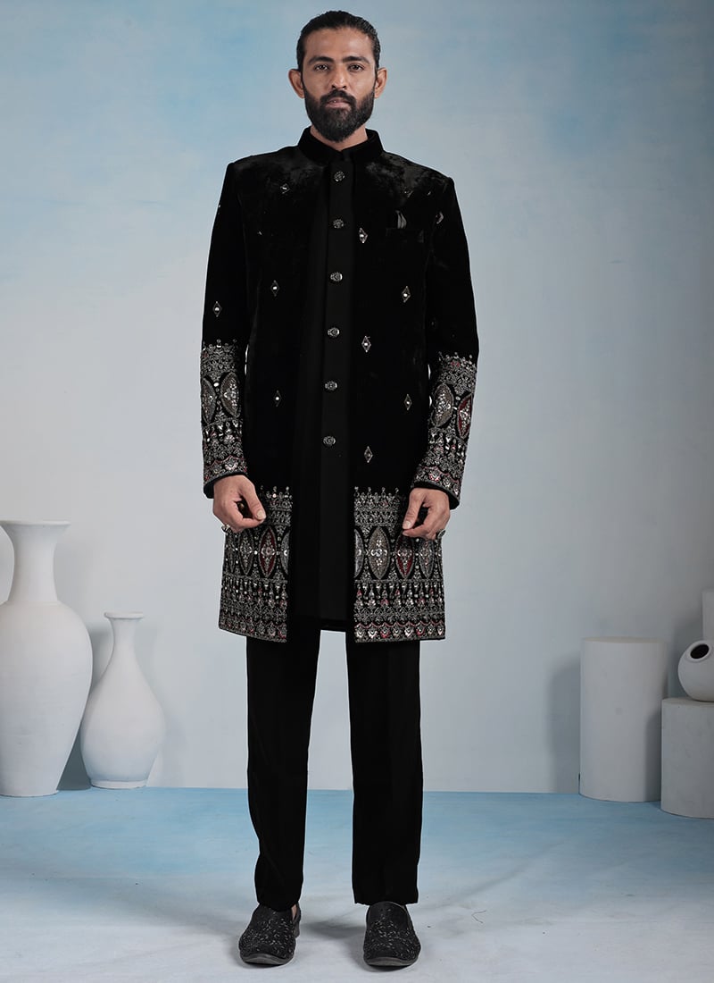 Imperial Black Velvet Zari Embroidered Sequins Thread Mirror Work Indowestern Sherwani Wedding Wear