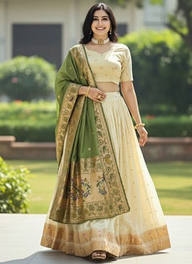 Imperial Cream Paithani Silk Jacquard Embroidered Umbrella Lehenga