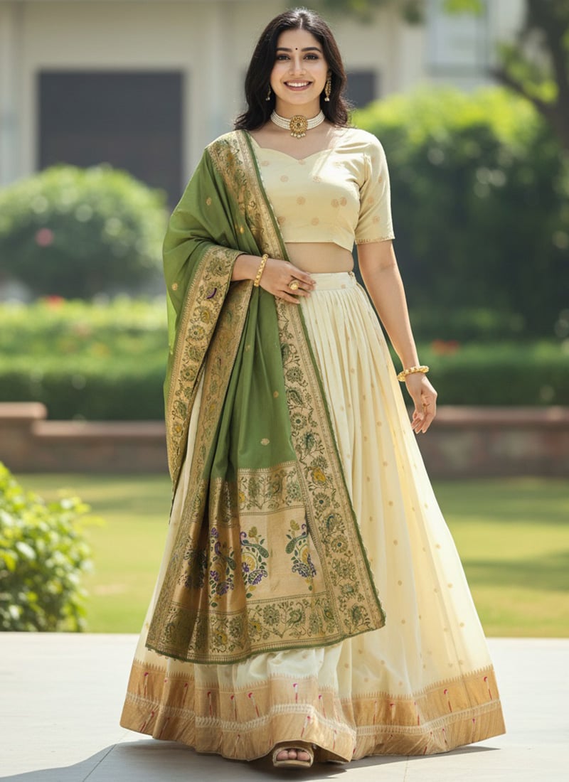 Imperial Cream Paithani Silk Jacquard Embroidered Umbrella Lehenga Festive Wear