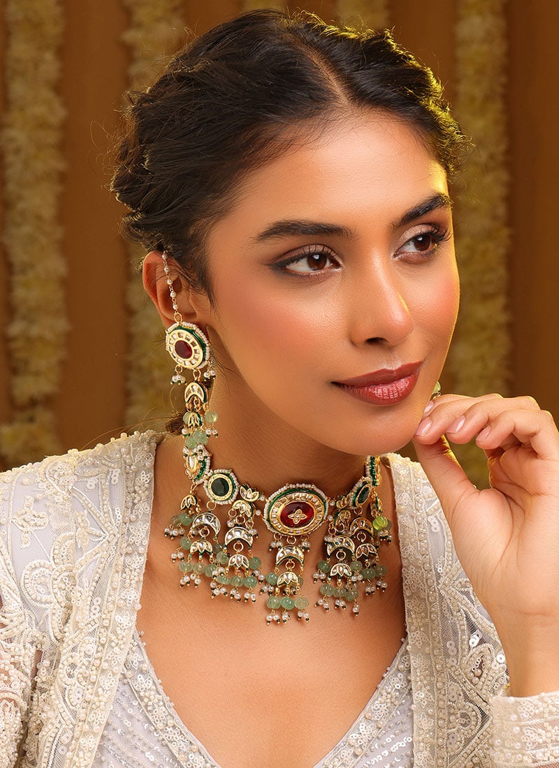 Imperial Green Kundan Beads Pearl Choker Wedding Wear