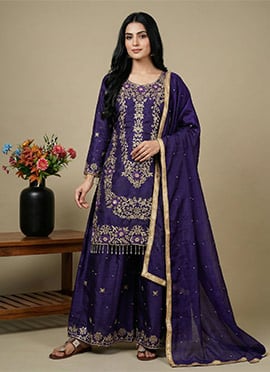 Imperial Purple Chinon Embroidered Sequins Palazzo Suit