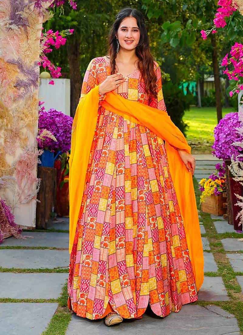 Indian Casual Wear Anarkali Gown In Orange Rayon Digital Print With Dupatta After Six Wear