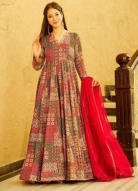 Indian Casual Wear Anarkali Gown In Red Rayon Digital Print With Dupatta