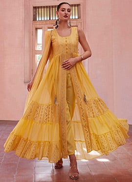 Indian Chic Anarkali High Slit Suit Mustard Georgette Embroidered Sequins