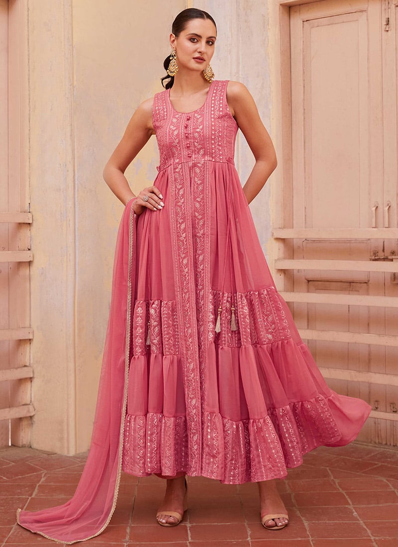 Indian Dressy Anarkali High Slit Suit Pink Georgette Embroidered Sequins Party Wear