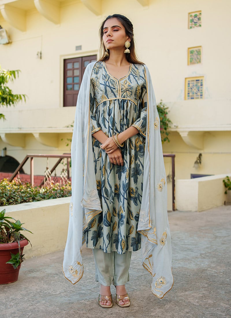 Indian Dressy Sky Blue Pure Modal Muslin Floral Print Straight Pant Suit After Six Wear