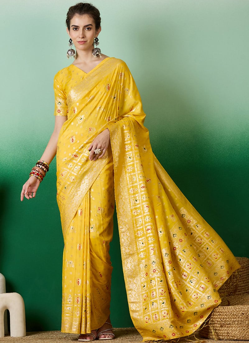 Indian Ethnic Wear Saree In Yellow Silk Jacquard Print With Blouse