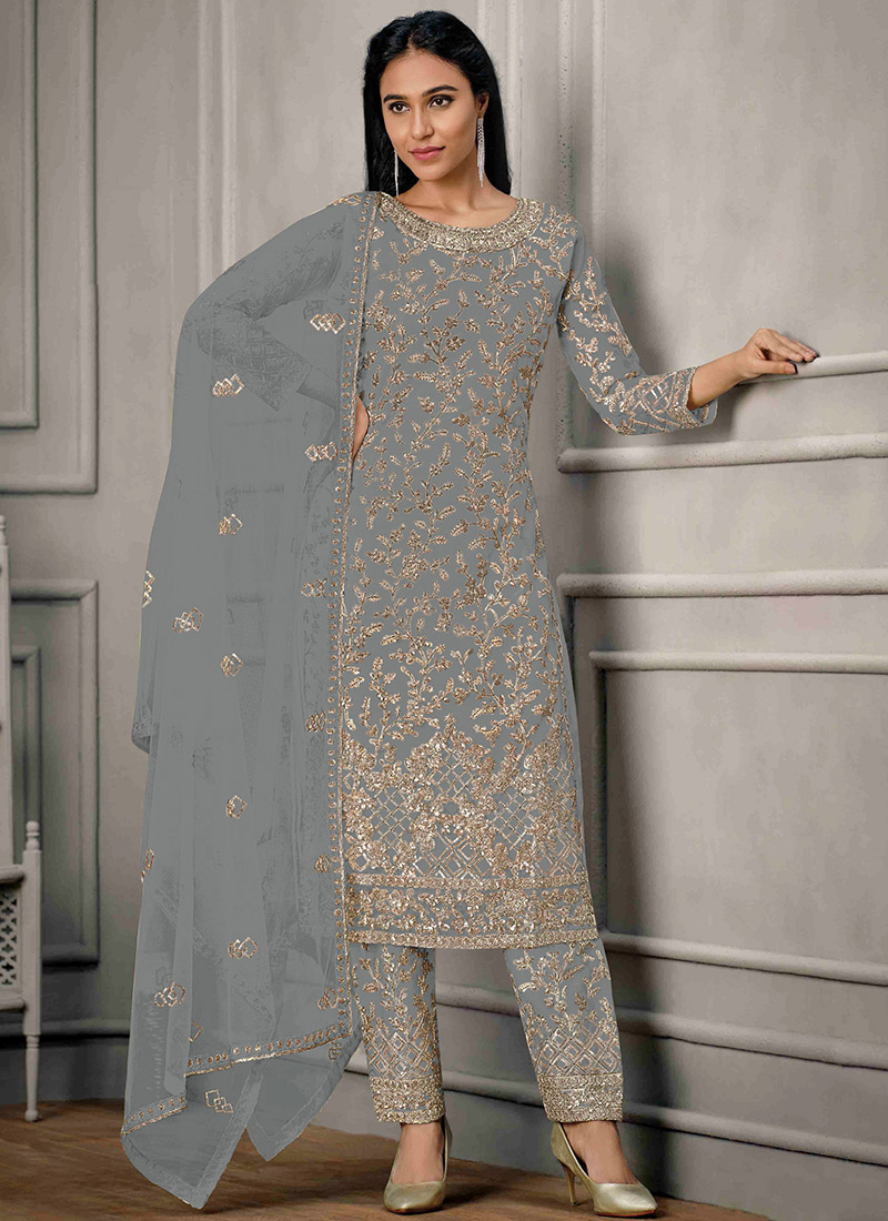 Grey Trendy Designer Readymade Pant Suit With Embroidery Work