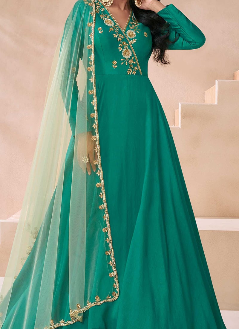 Shop Indian Party Wear Teal Green Silk Sequins Cut Dana Work Anarkali