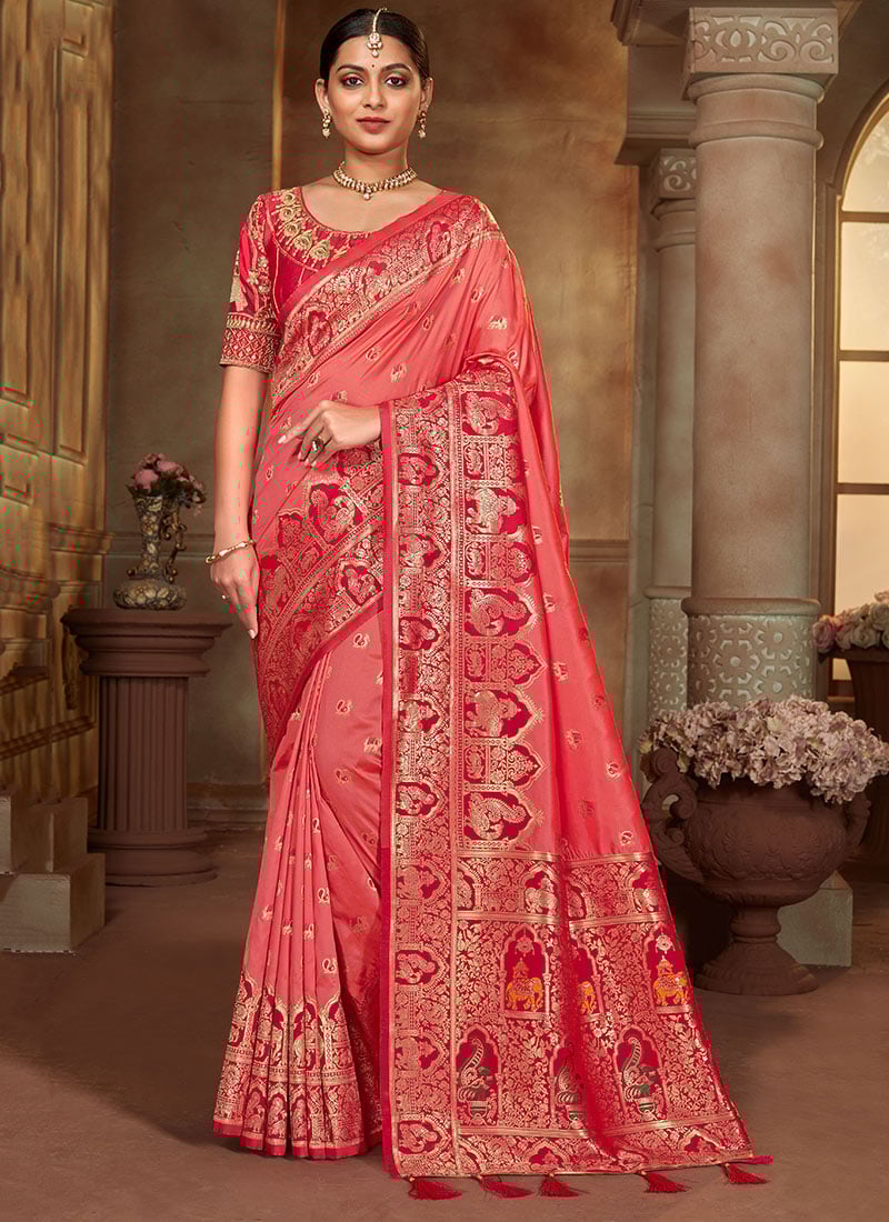 Indian Pink Silk Jacquard Woven Saree Festive Wear
