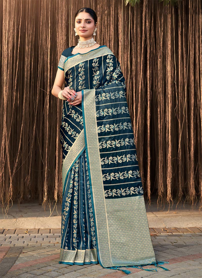 Indian Traditional For Women In Blue Silk Zari Saree