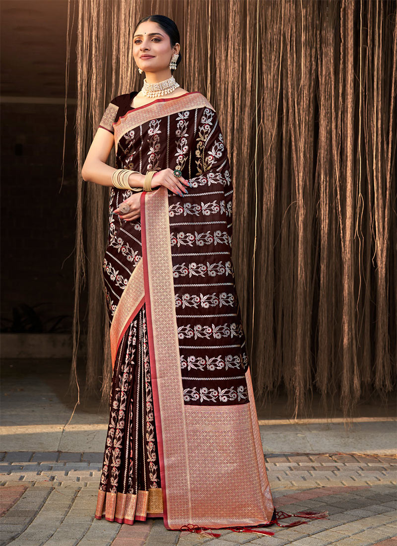 Indian Traditional For Women In Brown Silk Zari Saree