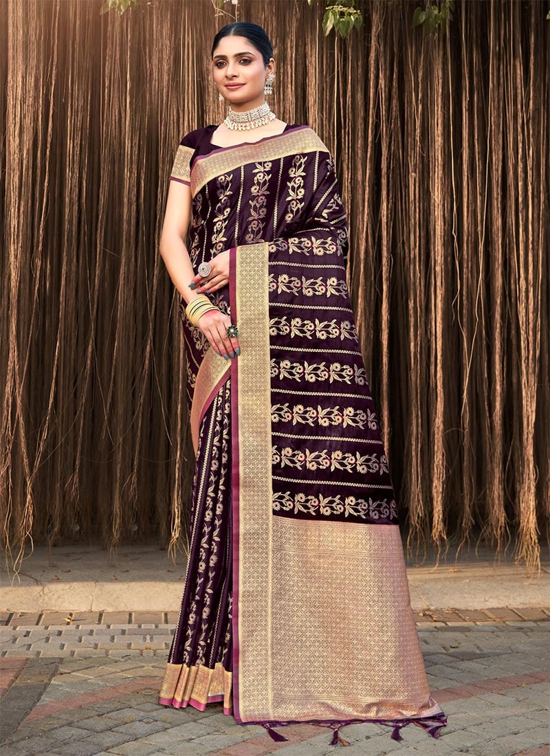 Indian Traditional For Women In Classy Burgundy Silk Zari Saree Festive Wear