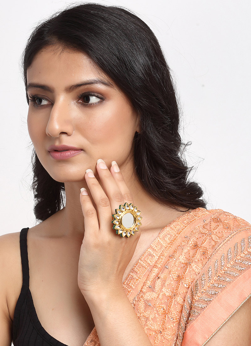 Indian Traditional In Golden Plated Kundan And Stone Hand Ring